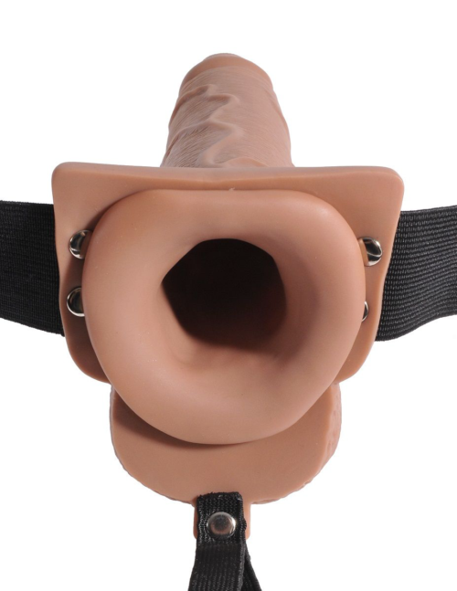 Кофейный полый страпон с имитацией эякуляции 7.5 Hollow Squirting Strap-On with Balls - 21,6 см. - 2