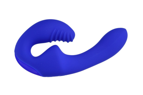 Синий безремневой страпон с пультом ДУ - 17,5 см. - 0