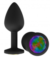 Чёрная анальная втулка с разноцветным кристаллом - 7,3 см. - 0