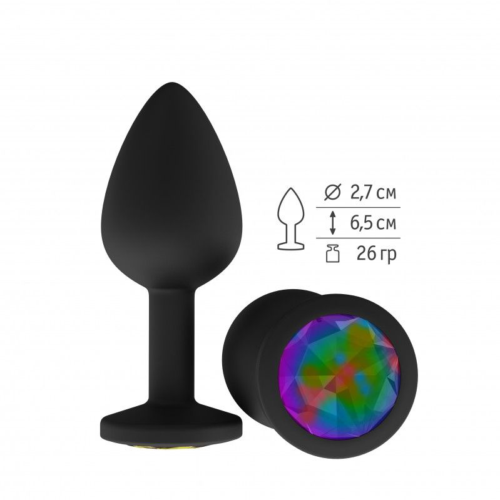 Чёрная анальная втулка с разноцветным кристаллом - 7,3 см. - 1