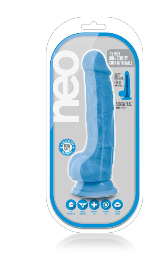 Голубой реалистичный фаллоимитатор на присоске NEO 7.5INCH DUAL DENSITY COCK W. BALLS - 19 см. - 3