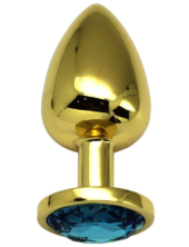 Золотистая анальная пробка с голубым кристаллом - 9 см. - 2