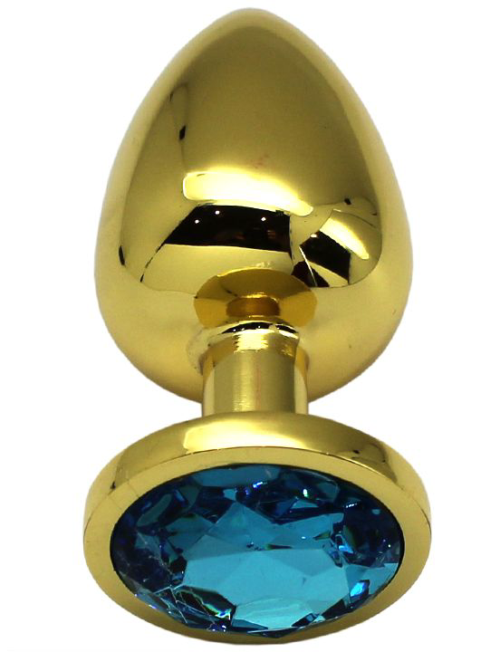 Золотистая анальная пробка с голубым кристаллом - 9 см. - 0