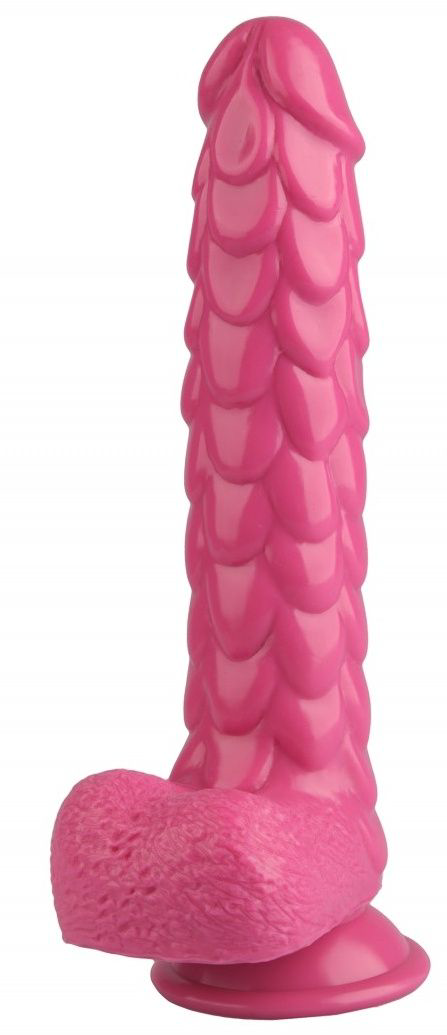 Розовый реалистичный фаллоимитатор с чешуйками на присоске - 24 см. - 2
