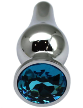 Серебристая анальная пробка с голубым кристаллом - 9,4 см. - 0