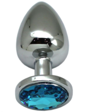 Серебристая анальная пробка с голубым кристаллом - 9 см. - 0