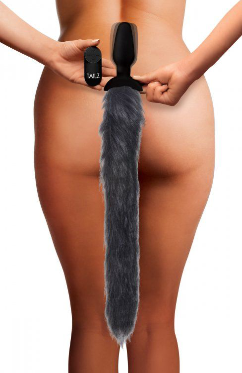 Черная анальная вибропробка с серым лисьим хвостом Grey Fox Tail Vibrating Anal Plug - 2