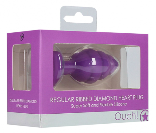 Фиолетовая анальная пробка Regular Ribbed Diamond Heart Plug - 7 см. - 1