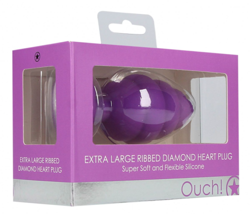 Фиолетовая анальная пробка Extra Large Ribbed Diamond Heart Plug - 9,6 см. - 1