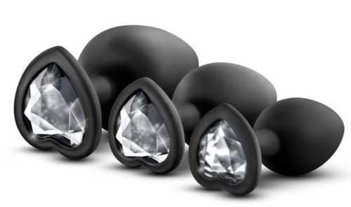 Набор из 3 черных пробок с прозрачным кристаллом-сердечком Bling Plugs Training Kit - 0