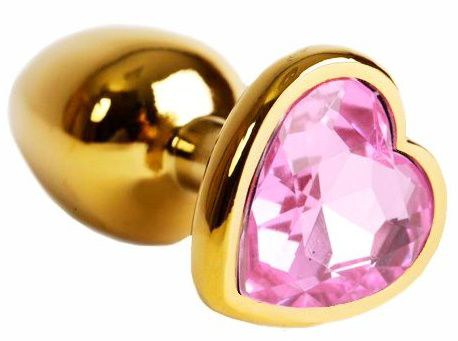 Золотистая анальная пробка с нежно-розовым кристаллом в форме сердца - 6 см. - 0
