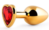 Золотистая анальная пробка с красным стразом-сердечком - 8 см. - 0