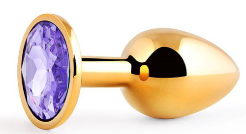 Золотистая анальная пробка с фиолетовым стразом - 7,2 см. - 0