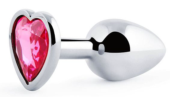 Серебристая анальная пробка с розовым кристаллом-сердечком - 7 см. - 0