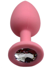 Розовая анальная пробка с прозрачным кристаллом - 7,4 см. - 0